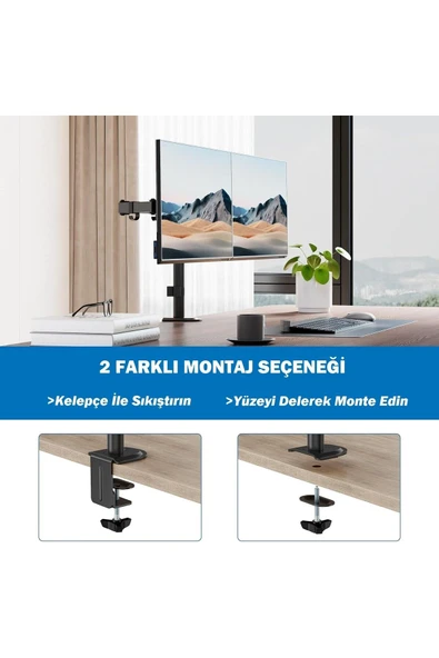 Ayarlanabilir Masaüstü Çift Kol Monitör Tutacağı Stand 32'' Ekran Desteği Ergonomik VESA Uyumlu - 6