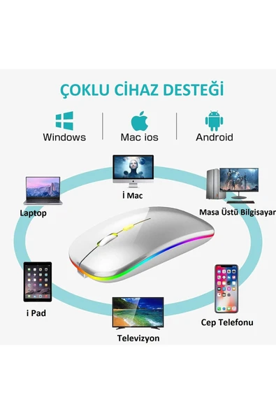 Tablet Bilgisayar Uyumlu Şarjlı Rgb 2.4ghz Kablosuz Bluetooth Mouse Sessiz Tıklama Dual Mode Slim - 2