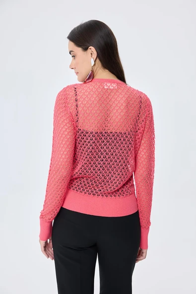 Peraluna Addison Ajur Örgülü Kadın Triko Hırka - KORAL - 8