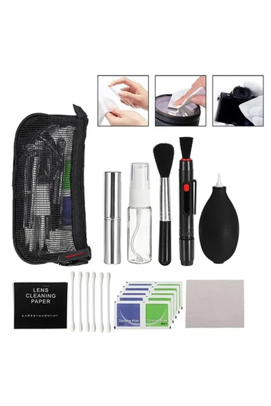 9-in-1 Lens Temizleme Kiti – Hava Üfleyici, Lenspen, Mikro-Fiber Bez, Sprey