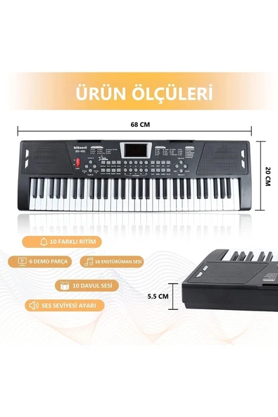 61 Tuşlu Elektronik Org Mikrofonlu Çocuk ve Başlangıç İçin Keyboard Demolu Ritimli - 3