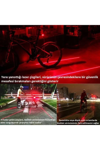 Lazer Güvenlik Işıklı Bisiklet Lambası Arka Led Ikili Lazer 7 Mod Çakarlı - 5