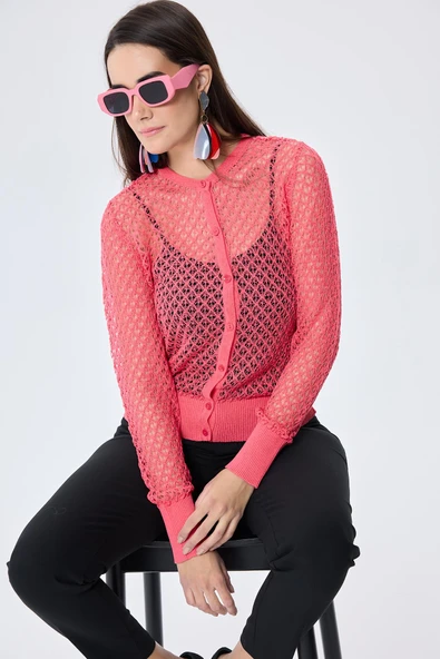 Peraluna Addison Ajur Örgülü Kadın Triko Hırka - KORAL - 2