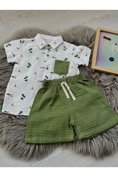 CYBER Erkek çocuk muslin şortlu gömlek takım
