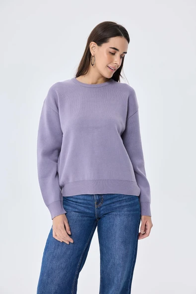 Peraluna Cleo Düz Örgü Kadın Mevsimlik Triko Kazak - Lila - Resim 2