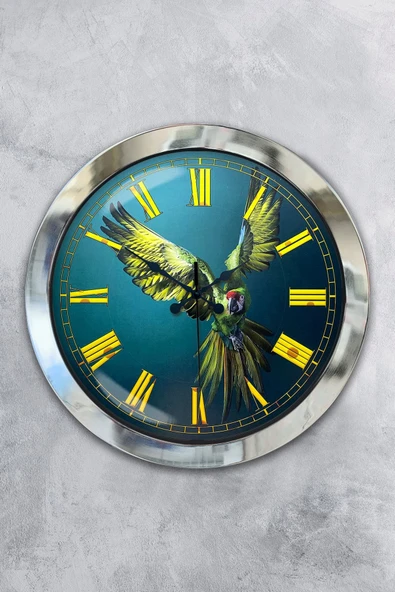 Platin Saat Hediyelik 36 Cm Krom Metal Papağan Duvar Saati
