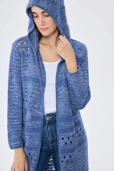 Peraluna Skyler, Ajurlu, Kadın Kapüşonlu Yazlık Uzun Triko Hırka - DENIM MIX - 5