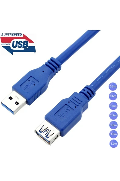 USB 3.0 Erkek Dişi Uzatma Kablosu 1 Metre Hızlı Veri Aktarımı Mavi Renk - 6