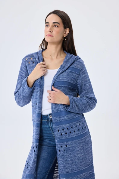 Peraluna Skyler, Ajurlu, Kadın Kapüşonlu Yazlık Uzun Triko Hırka - DENIM MIX - 4