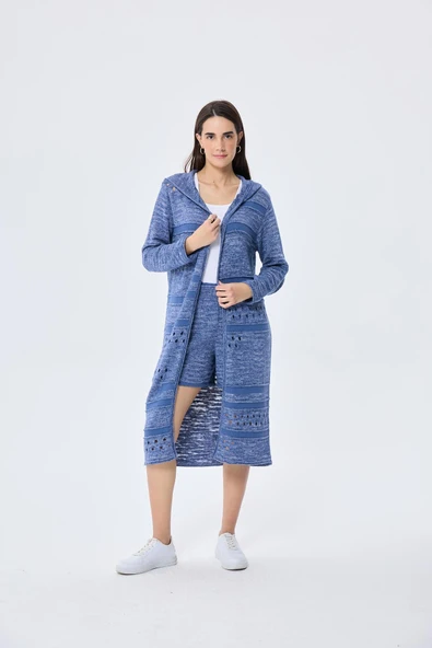 Peraluna Skyler, Ajurlu, Kadın Kapüşonlu Yazlık Uzun Triko Hırka - DENIM MIX - 2