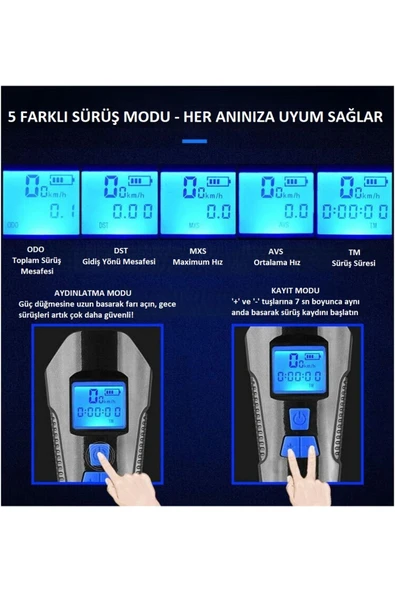 120DB Bisiklet Korna Far 6 Zil Sesi 5 Sürüş Modu Ekranlı Çok Fonksiyonlu Kilometre Saati USB Şarjlı - 3