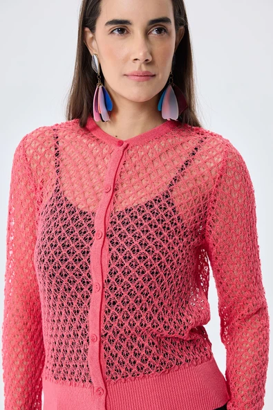 Peraluna Addison Ajur Örgülü Kadın Triko Hırka - KORAL - 6