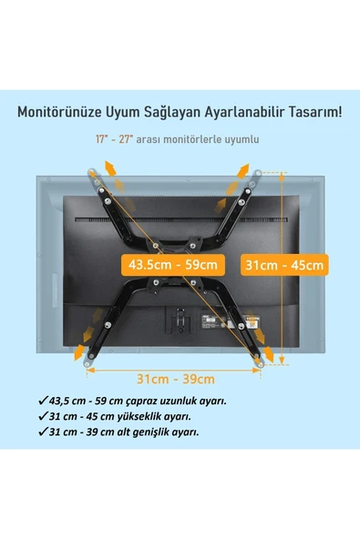 ZENO MP1 Universal VESA Dönüştürücü Monitör Bağlantı Aparatı 17''-27'' Uyumlu Ayarlanabilir Braket - 5