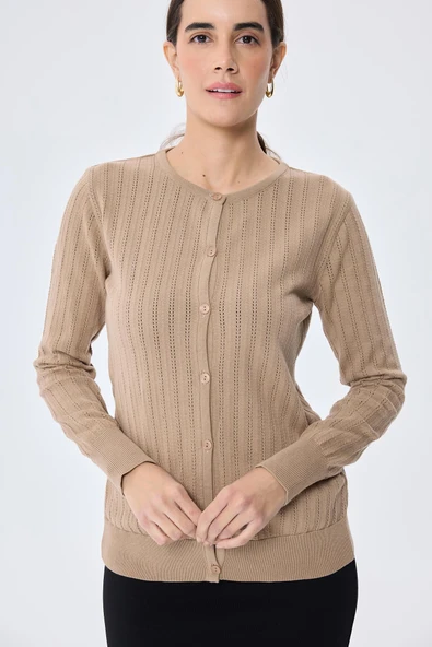 Peraluna Celine, Ajur Örgülü Kadın Triko Hırka - KAMEL - 8