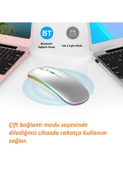 Huawei Matepad Air 11.5" Tablet Uyumlu Şarjlı RGB 2.4Ghz Kablosuz Bluetooth Mouse Sessiz Tıklama - 6