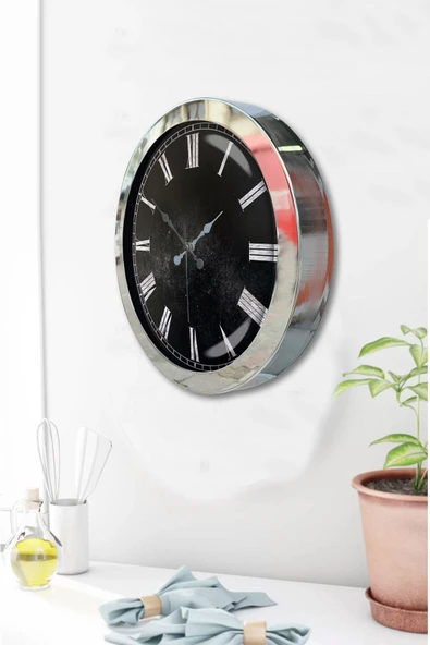 Platin Saat Hediyelik 36 Cm Krom Metal Siyah Duvar Saati - 3