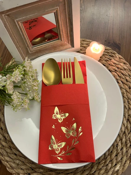 Gold Yaldızlı Kırmızı Kelebek Yaprak Detaylı Cepli Kanguru Peçete 12 Adet ürün görseli 1