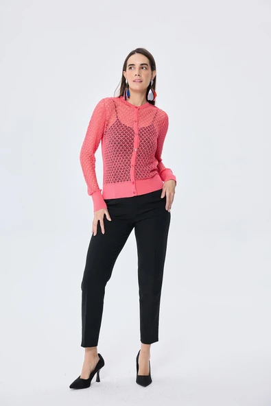 Peraluna Addison Ajur Örgülü Kadın Triko Hırka - KORAL