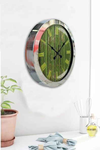 Platin Saat 36 Cm Krom Metal Yeşil Desen Duvar Saati - 4
