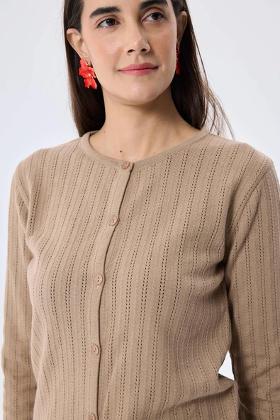Peraluna Celine, Ajur Örgülü Kadın Triko Hırka - KAMEL - 4