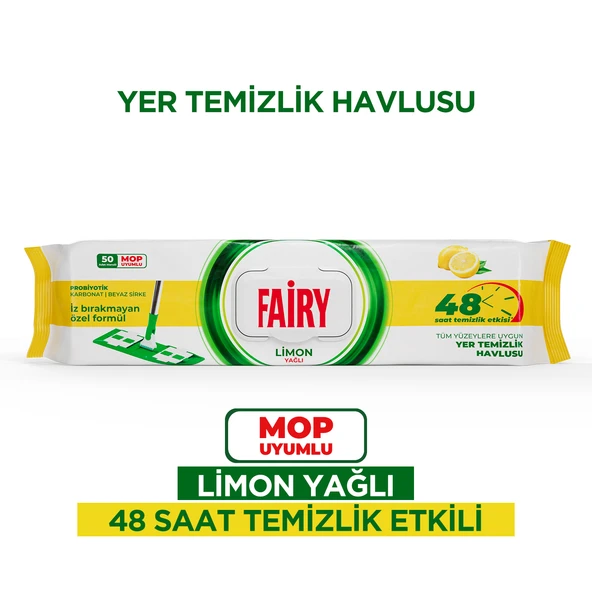 Fairy Çok Amaçlı Mop Uyumlu Yer Temizlik Havlusu 50 Yaprak | Limon Yağlı | Beyaz Sirke Karbonat