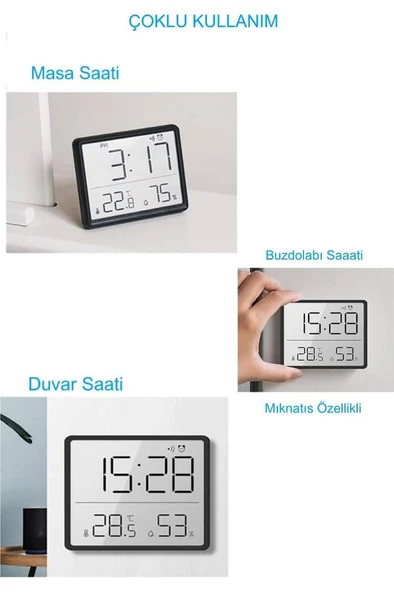 Alfalink Mıknatıslı LCD HD Dijital Ekran Pilli Mini Saat Alarm Nem Göstergesi Sıcaklık Ölçer - 2