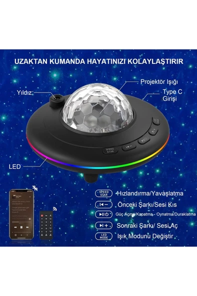 Bluetooth Projektör Gece Lambası Uzaktan Kumandalı RGB LED Hoparlör Yıldızlı Gökyüzü Işık Efekti - 6