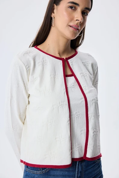 Peraluna Desert Palm, Palmiye Desenli, Kadın Yazlık Triko Hırka - Ekru - 8