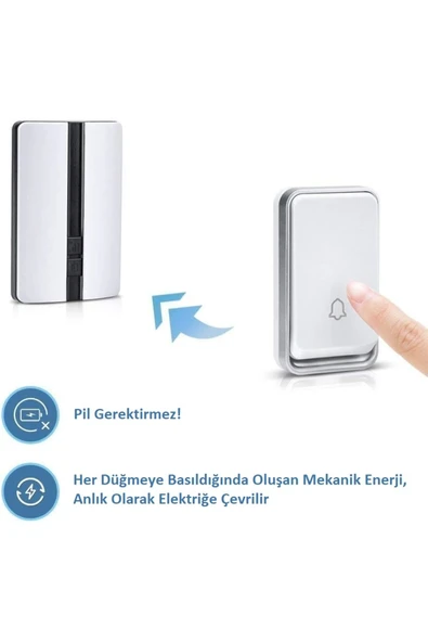 Kablosuz Elektronik Kapı Zili Pilsiz Su Geçirmez IP44 150m-300m Menzil 51 Zil Sesi Kendin Monte Et - 2