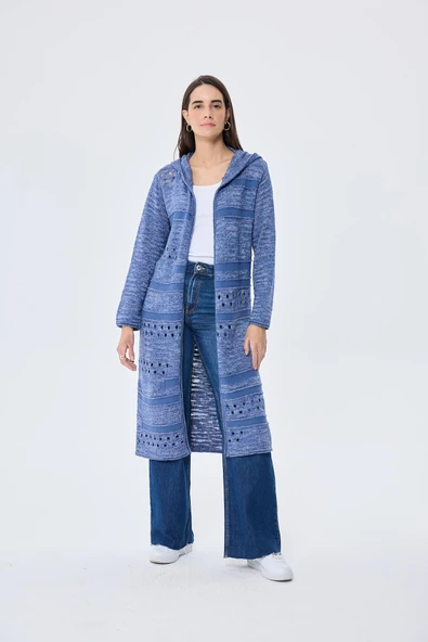 Peraluna Skyler, Ajurlu, Kadın Kapüşonlu Yazlık Uzun Triko Hırka - DENIM MIX