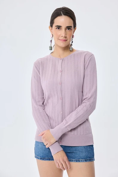 Peraluna Celine, Ajur Örgülü Kadın Triko Hırka - LİLA - 4