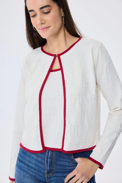 Peraluna Desert Palm, Palmiye Desenli, Kadın Yazlık Triko Hırka - Ekru - 5