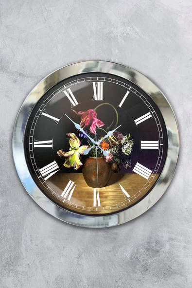 Platin Saat 36 Cm Krom Metal Vazolu Çiçek Duvar Saati