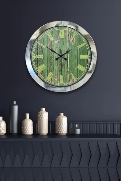 Platin Saat 36 Cm Krom Metal Yeşil Desen Duvar Saati - 2