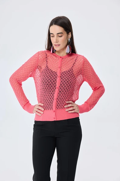 Peraluna Addison Ajur Örgülü Kadın Triko Hırka - KORAL - 3
