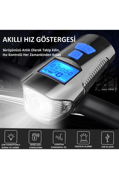 120DB Bisiklet Korna Far 6 Zil Sesi 5 Sürüş Modu Ekranlı Çok Fonksiyonlu Kilometre Saati USB Şarjlı - 4
