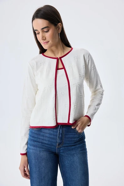 Peraluna Desert Palm, Palmiye Desenli, Kadın Yazlık Triko Hırka - Ekru - 7