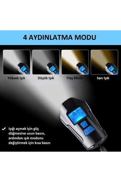 120DB Bisiklet Korna Far 6 Zil Sesi 5 Sürüş Modu Ekranlı Çok Fonksiyonlu Kilometre Saati USB Şarjlı - 2
