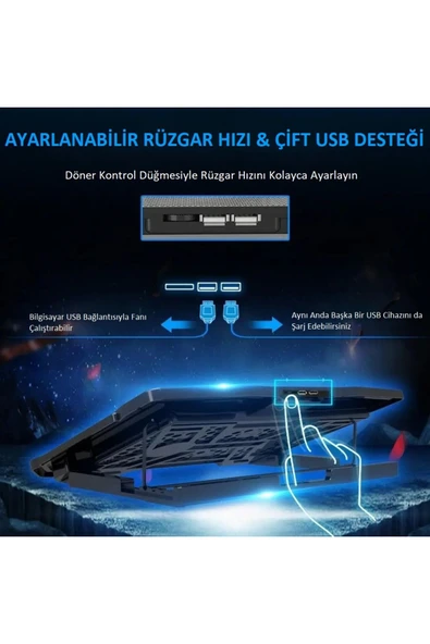 6 Fanlı Sessiz Laptop Soğutucu Stand Ayarlanabilir Rüzgar Hızı Çift USB 17.3'' Uyumlu Ergonomik - 4