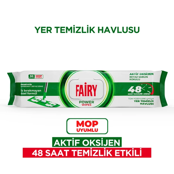 Fairy Power Wipes Mop Uyumlu Yer Temizlik Havlusu 50 Yaprak | Beyaz Sabun | Beyaz Sirke & Karbonat