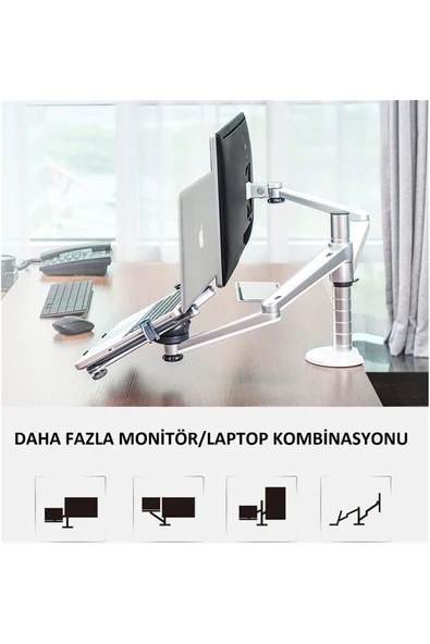 Çift Kollu Monitör ve Laptop Standı Ayarlanabilir Alüminyum Kol Masa Üstü Monitör ve Laptop Tutucu - 3