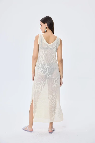 Peraluna Honeymoon, Ajurlu, Kadın Uzun Triko Plaj Elbisesi - KREM - Resim 8