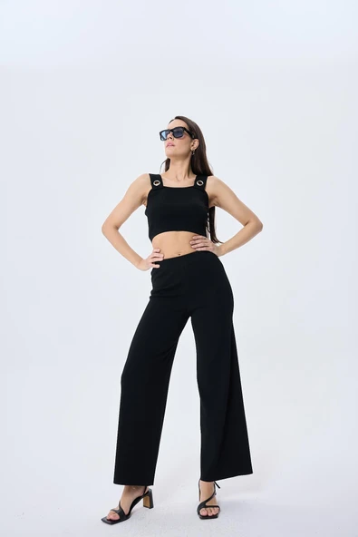 Memphis Trouser Kadın Rahat Kesim Triko Pantolon - SİYAH - 2