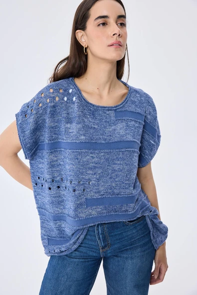 Peraluna, Sarah, Ajurlu, Kadın Yazlık Triko Bluz  - DENIM MIX - 8