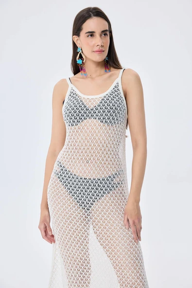 Peraluna Angel, Ajurlu, Kadın Uzun Triko Plaj Elbisesi - EKRU - Resim 3