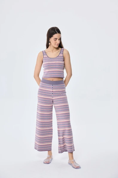 Peraluna illusion, Jakarlı Organik Pamuk Kadın Mevsimlik Triko Pantolon - MULTİ / LİLA - Resim 2