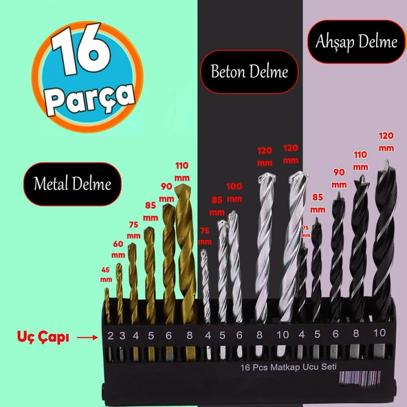 Matkap Ucu Set 16'lı Paket 3'ü Bir Arada Beton Duvar Ahşap Metal Çelik Delme Uç Değişik Uzunluk Çap