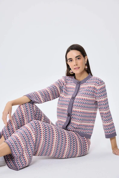 Peraluna illusion, Jakarlı Organik Pamuk Kadın Mevsimlik Triko Pantolon - MULTİ / LİLA - Resim 7