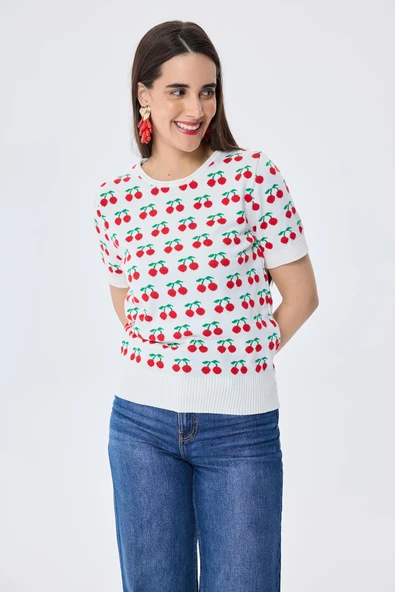Peraluna Alice's Cherry, Kiraz Desenli Kadın Triko Yazlık Bluz  - EKRU MULTİ - 3