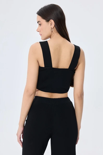 Peraluna Martha, Düz Örgü, Geniş Askılı Kadın Rayon Triko Bralet  - SİYAH - 6
